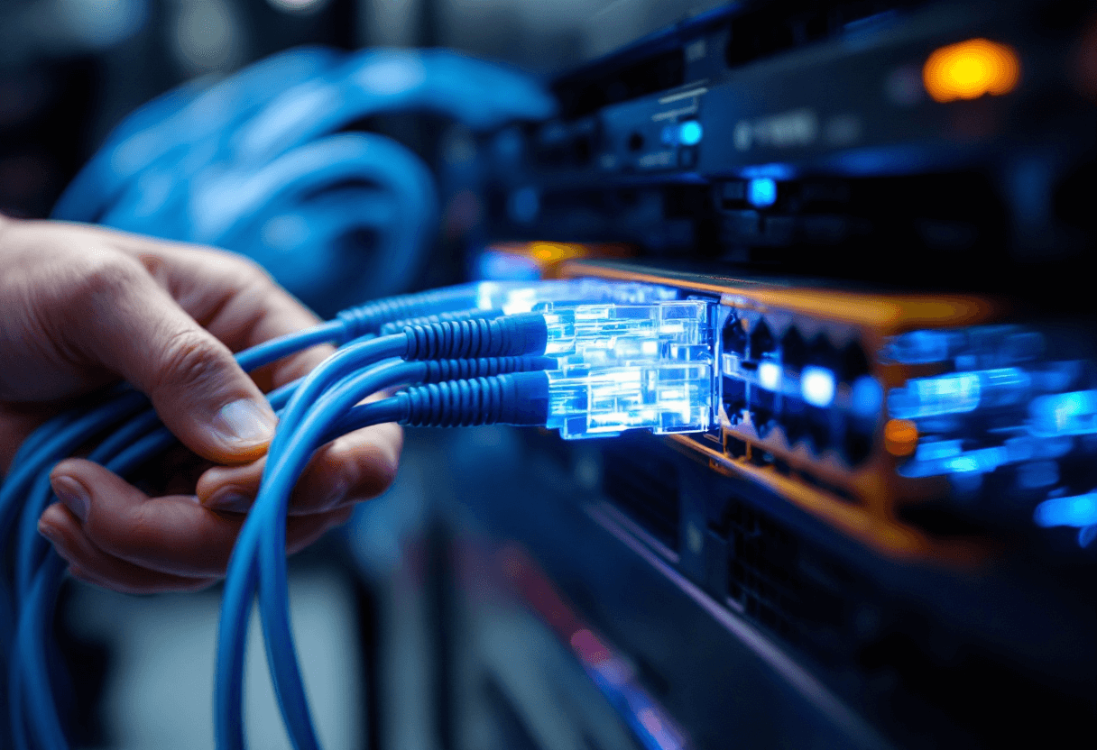 gros plan sur des câbles à fibre optique bleus connectés à un routeur haute vitesse