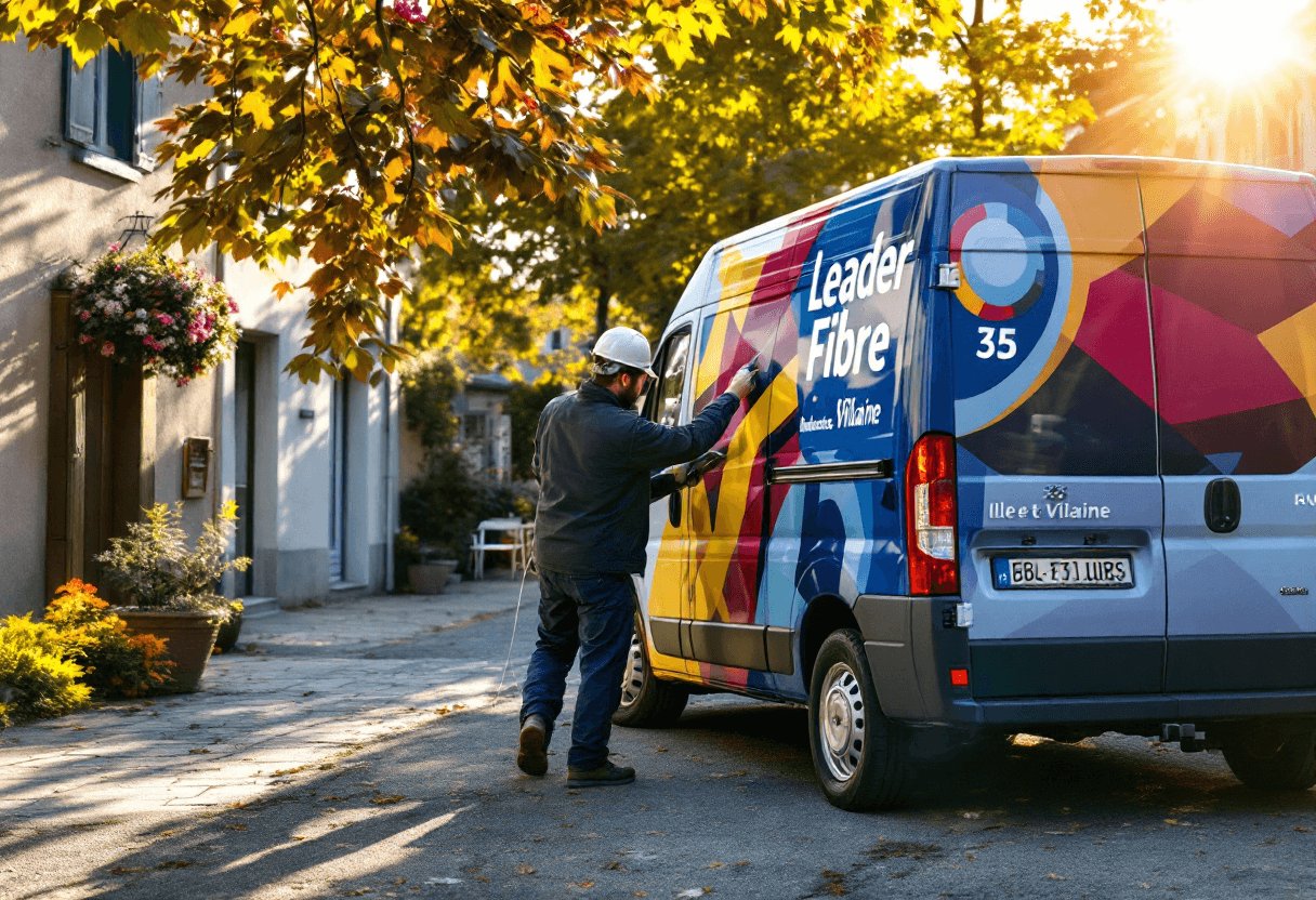 fourgon Leader Fibre 35 garé dans une rue bretonne avec technicien manipulant la fibre
